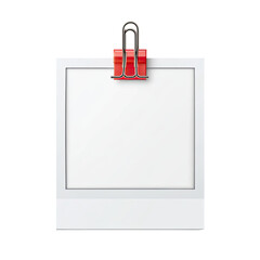 A square, white instant photo frame with red binder clips
