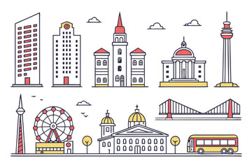 Cityscape skyline vector illustration with buildings tower bridge ferris wheel bus and architectural landmarks on transparent background