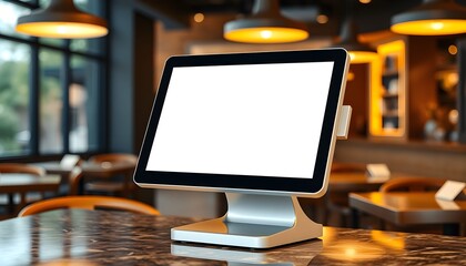 Modern point of sale terminal on a restaurant table, displaying a blank screen.