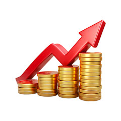 Red arrow graph shows upward trend over stacks of gold coins finance concept transparent background
