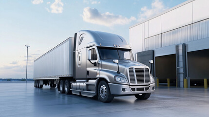 Silver semi-truck parked and ready for transport at depot Generative AI