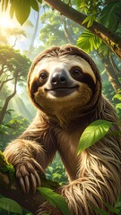 A happy sloth in a lush jungle setting