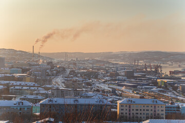 View of the city from the Green Cape hill. Low sun during the polar night.