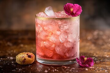 Refreshing pink cocktail with crushed ice, edible flower garnish, and cookie on rustic table  trendy summer beverage concept