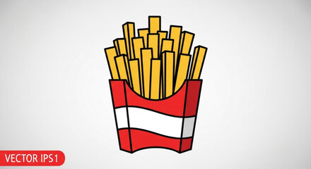 Crispy french fries, served in a classic red and white paper container, a perfect snack for fast food cravings