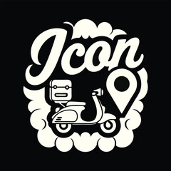 Retro Icon Delivery Service with Scooter and Location Pin in Creamy White Against a Black Backdrop