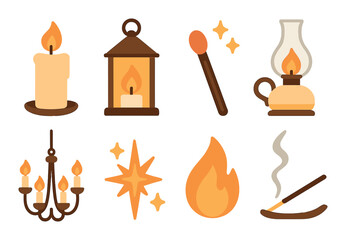 Various sources of light: candle, lantern, match, lamp, chandelier, flame, incense