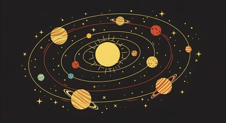 Stylized Solar System Illustration with Planets Orbiting the Sun &mdash; Colorful Planetary Orbits and Stars on Dark Background, Artistic Space Diagram