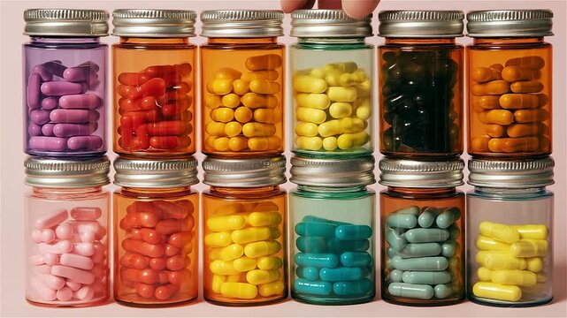 Explore a vibrant array of colorful capsules in various jars, showcasing health and wellness solutions with an artistic twist