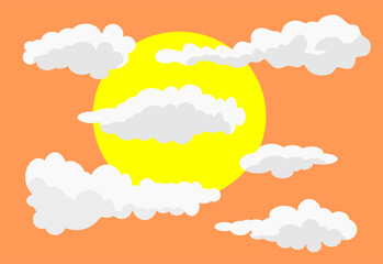 Flat vector illustration of the sun partially covered by clouds on an orange sky background. Simple weather icon design for forecast apps, climate graphics, and educational materials
