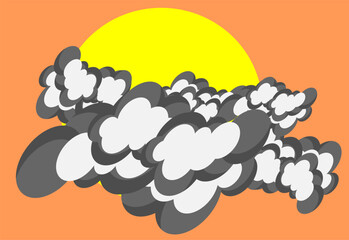 Flat vector illustration of the sun partially covered by clouds on an orange sky background. Simple weather icon design for forecast apps, climate graphics, and educational materials