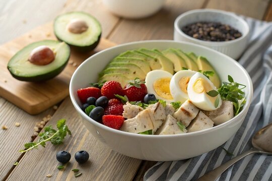 Delicious healthy keto salad recipe with avocado chicken eggs and berries for weight loss diet plan