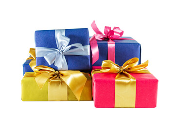 Elegant blue, gold and pink gift boxes with bows isolated on white background.