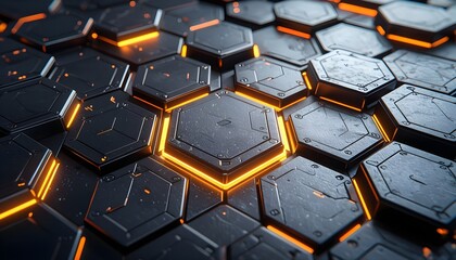Futuristic Metallic Hexagon Pattern With Amber Glow