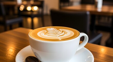 Close-up of a perfectly poured latte art in a white cup, sitting on a wooden table in a cozy cafe setting, ideal for coffee shop menus or website backgrounds.