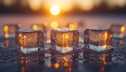 Ice Cubes Closeup With Glitter Bokeh at Sunset
