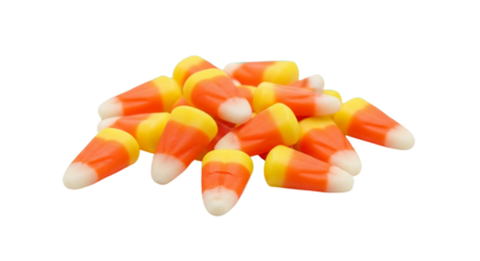 Pile of candy corn pieces in yellow, orange, and white, isolated on white and transparent background for Halloween and autumn concepts