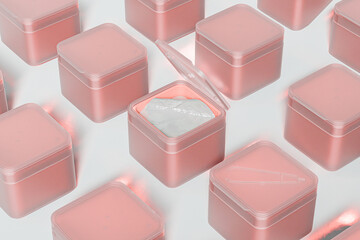 Square Flip Top Cap Cosmetic Jars With Tweezer mockup, facial toner cotton pads packaging, pink Cream jar with Flip Cap, Double Wall container for moisturizing toning pads, k-beauty skincare product © Salihah.K