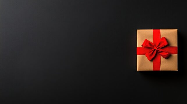 Single gift box with red ribbon on black background