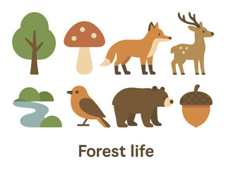 Forest life illustration with deer, fox, bear, and nature elements