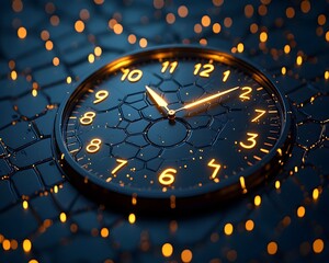 Futuristic glowing clock face with luminous hands and numbers set against a dark bokeh background