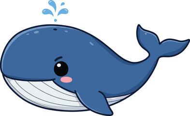 Cute cartoon whale illustration with water splash, adorable smiling blue whale character, ocean marine animal drawing, kawaii sea life design