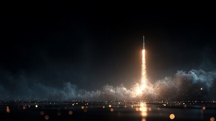 Rocket blasts off, fiery plume, dark cityscape, bright light pierces night