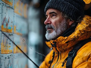 A senior man with a beard wearing a yellow jacket and beanie thoughtfully studies financial charts symbolizing patience in investment and financial