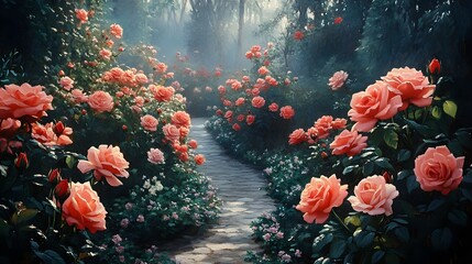 Enchanting Rose Garden Path with Vibrant Blooms and Lush Foliage in Serene Natural Setting