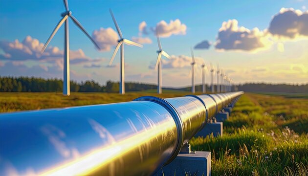 Renewable energy concept with large pipelines and wind turbines against a sunset background.