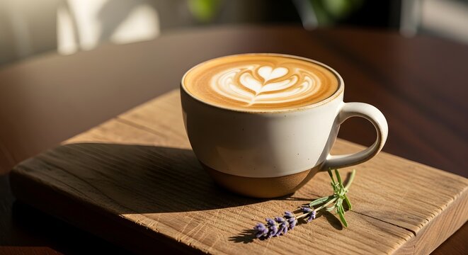 A beautifully crafted latte art coffee cup sits on a wooden board with lavender, bathed in warm sunlight, creating a cozy cafe vibe.