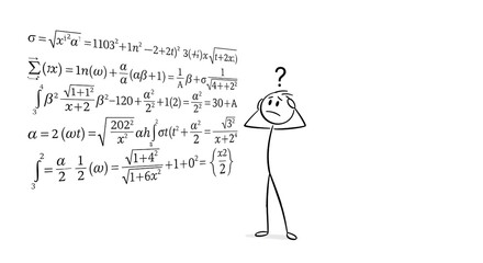 Confused Stick Figure Struggling with Complex Math Equations and Problem Solving Challenge