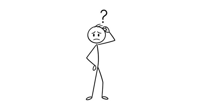 Confused Stick Figure with Question Mark Above Head, Pondering and Scratching Head. Concept of Doubt, Problem, and Thinking.