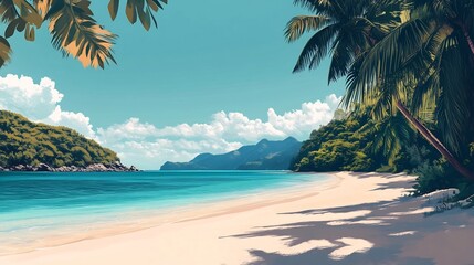 Stunning Tropical Beach with Swaying Palm Trees and Turquoise Ocean Waves