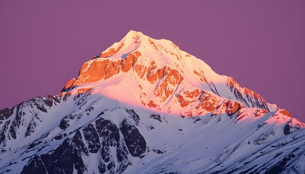 Snow-capped mountain peak bathed in warm golden light against a vibrant purple sky at sunrise or sunset, showcasing a majestic alpine landscape.