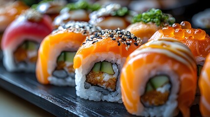 Close up of vibrant and fresh assorted sushi rolls with rich textures and colors on a dark plate