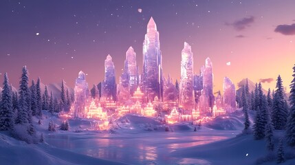 Enchanting Frozen Kingdom in Snowy Winter Wonderland at Starry Night