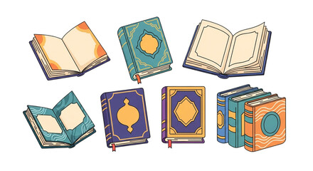 Collection of open and closed books in various colors and styles, perfect for depicting knowledge, education, and reading