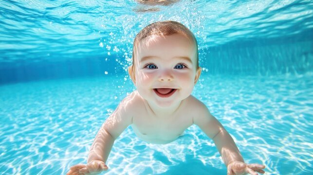 Baby swimming underwater in bright blue pool - Powered by Adobe