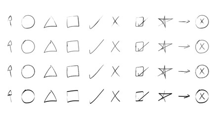 hand drawn circle triangle square tick cross star checklist symbols with different brush strokes, vector illustration 