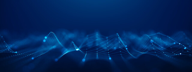 Abstract Futuristic Technology Data Wave Background with Glowing Blue Data Wave, AI Technology,...