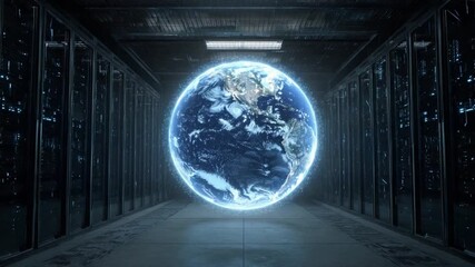 Global Data Center: A captivating visualization of the Earth hovers at the heart of a futuristic server room. - Powered by Adobe
