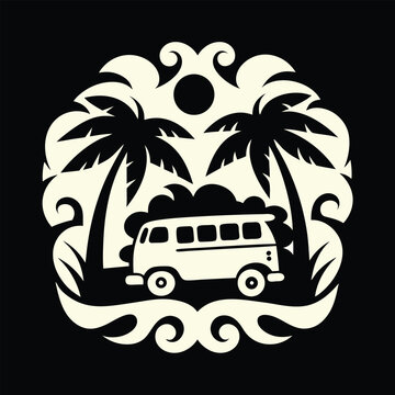 Retro Beach Van Life Silhouette with Palm Trees and Ornate Design, Symbolizing Tropical Travel and Relaxation