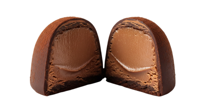 Plain chocolate truffle cut in half, revealing a creamy filling, isolated on white and transparent background for gourmet confectionery concepts
