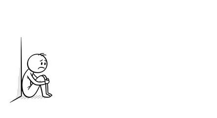 Lonely Stick Figure Sitting in Corner, Feeling Sad and Isolated