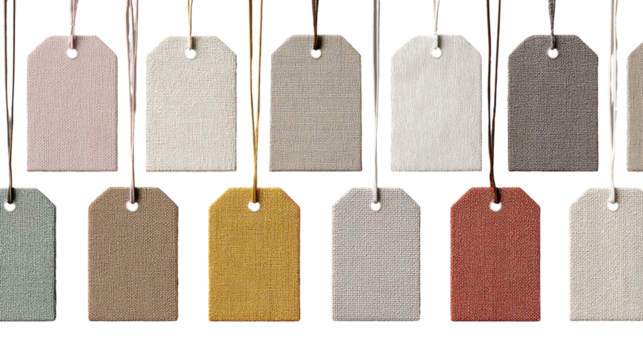 A row of blank gift tags in various pastel and muted colors, hanging by twine