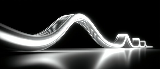 Dynamic display of abstract curves formed by flexible LED rope lighting creates futuristic and elegant visual effect against dark background. glowing lines and reflections add depth and intrigue