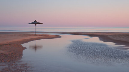 Empty beach umbrella at sunrise by calm sea.