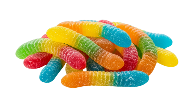 Pile of colorful gummy worms with a sugary coating, isolated on white and transparent background for candy and sweet treat concepts