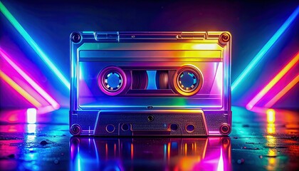 Retro cassette illuminated with neon light beams in a colorful futuristic music background.